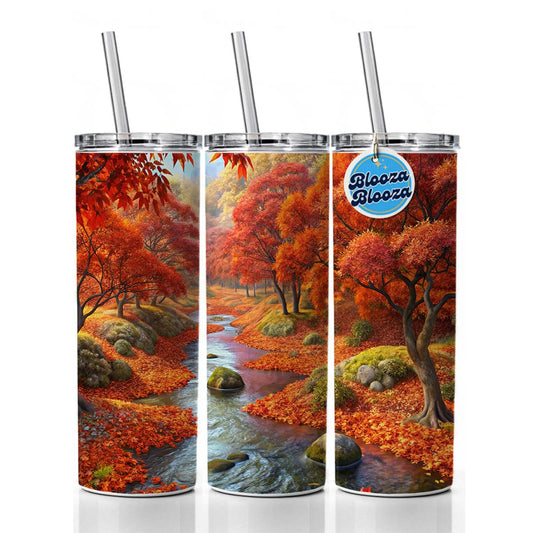 Stream and Trees in Fall Autumn Skinny Tumbler 20oz with Straw Insulated Water Bottle Gift