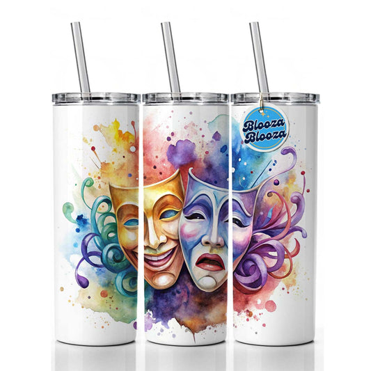 Theater Drama Masks Watercolor Skinny Tumbler 20oz with Straw Insulated Water Bottle Gift