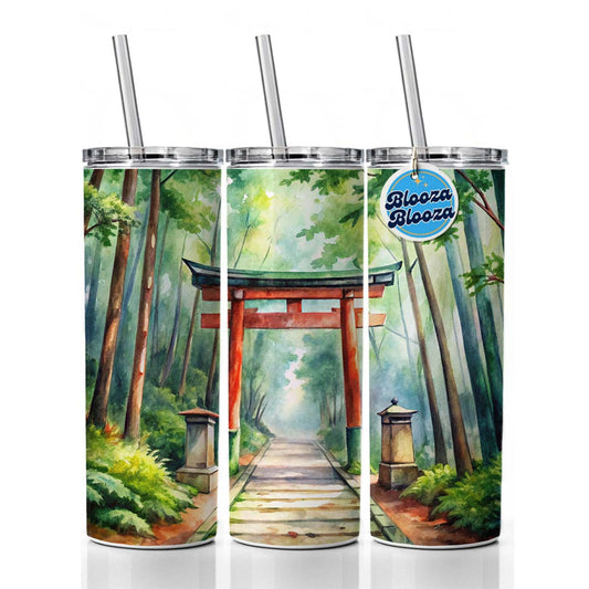 Torii Gate Leading To Forest Shrine Watercolor Skinny Tumbler 20oz with Straw Insulated Water Bottle Gift
