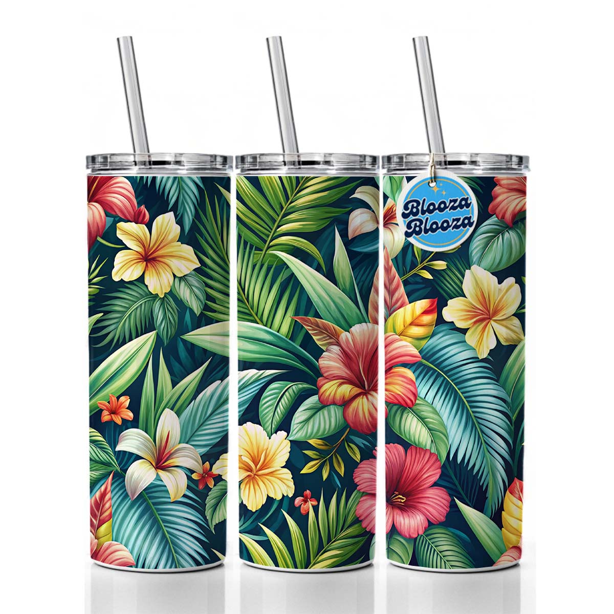 Tropical Hibiscus Pastel Floral Pattern Skinny Tumbler 20oz with Straw Insulated Water Bottle Gift
