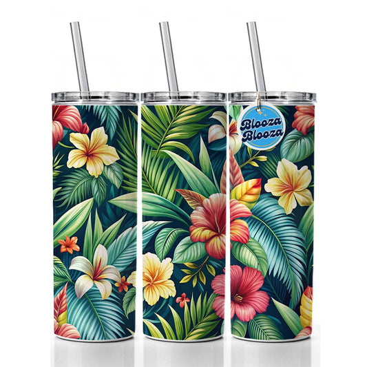 Tropical Hibiscus Pastel Floral Pattern Skinny Tumbler 20oz with Straw Insulated Water Bottle Gift