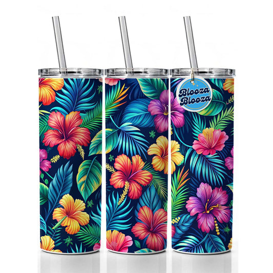 Tropical Neon Hibiscus Floral Pattern Skinny Tumbler 20oz with Straw Insulated Water Bottle Gift