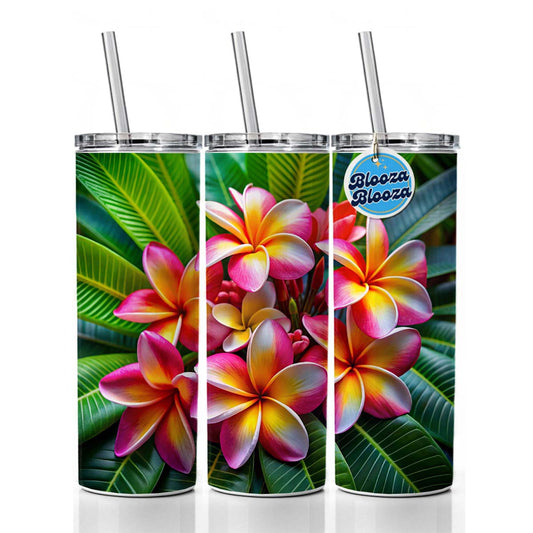 Tropical Pink Yellow Plumeria Flowers Skinny Tumbler 20oz with Straw Insulated Water Bottle Gift