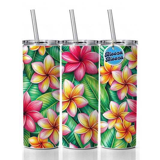 Tropical Plumeria Floral Pattern Skinny Tumbler 20oz with Straw Insulated Water Bottle Gift