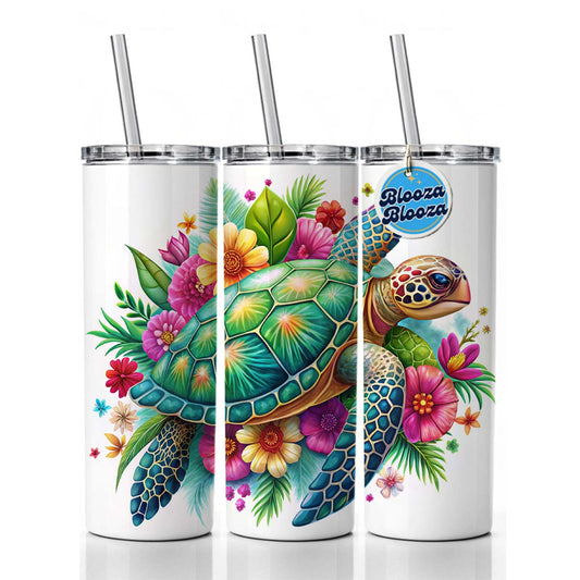 Tropical Sea Turtle Floral Design Skinny Tumbler 20oz with Straw Insulated Water Bottle Gift
