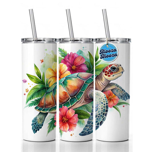 Tropical Sea Turtle Hibiscus Floral Watercolor Skinny Tumbler 20oz with Straw Insulated Water Bottle Gift
