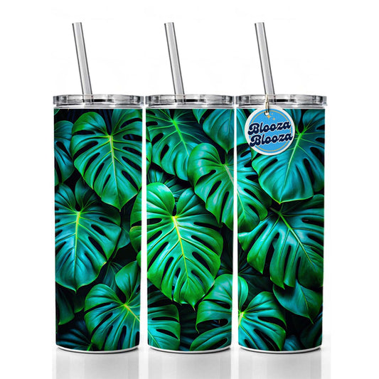 Vibrant Neon Green Monstera Leaves Skinny Tumbler 20oz with Straw Insulated Water Bottle Gift