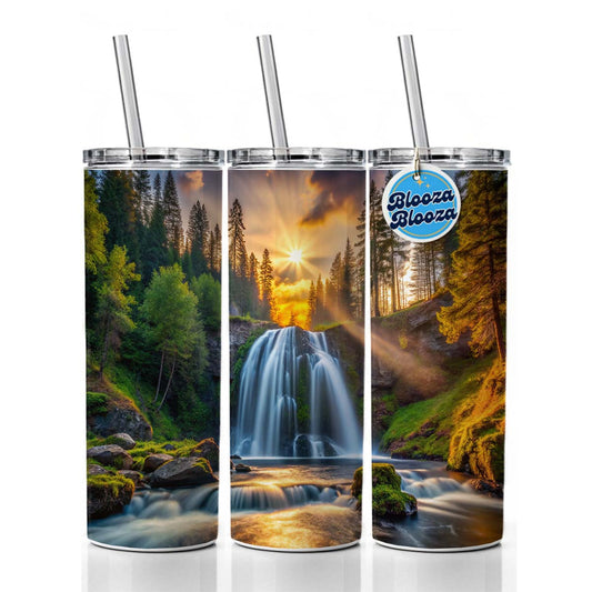 Waterfall In The Forest At Sunset Skinny Tumbler 20oz with Straw Insulated Water Bottle Gift