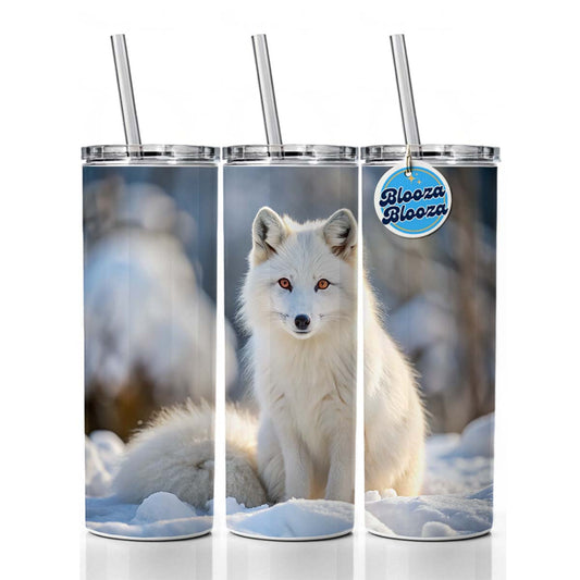 White Arctic Fox In The Snow Skinny Tumbler 20oz with Straw Insulated Water Bottle Gift