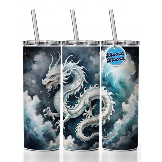 White Asian Dragon On Black Watercolor Skinny Tumbler 20oz with Straw Insulated Water Bottle Gift