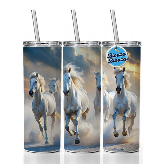 White Horses Galloping Skinny Tumbler 20oz with Straw Insulated Water Bottle Gift