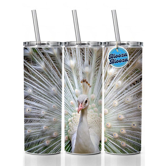 White Peacock Skinny Tumbler 20oz with Straw Insulated Water Bottle Gift