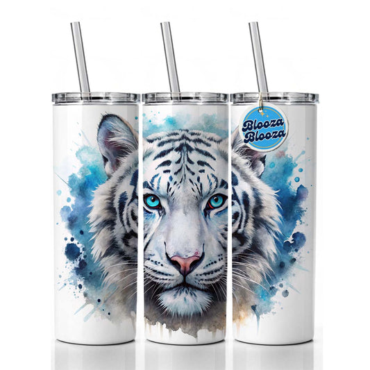 White Tiger Face Watercolor Skinny Tumbler 20oz with Straw Insulated Water Bottle Gift