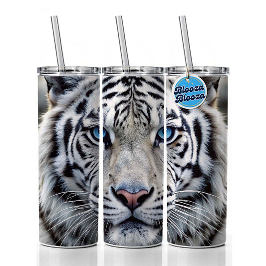 White Tiger Face Skinny Tumbler 20oz with Straw Insulated Water Bottle Gift