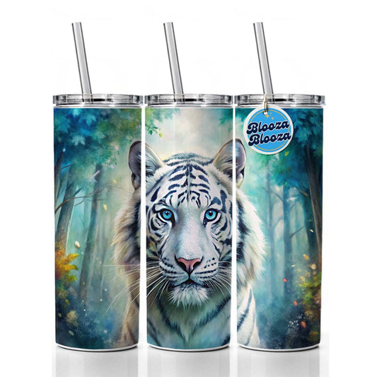 White Tiger In Forest Watercolor Skinny Tumbler 20oz with Straw Insulated Water Bottle Gift