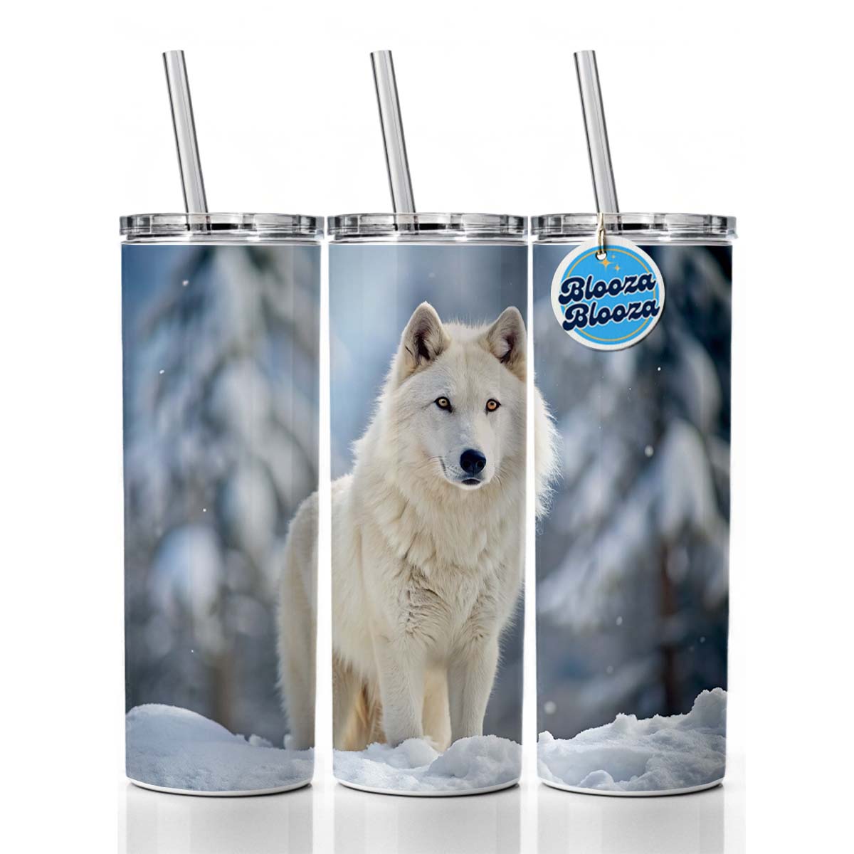White Wolf In The Snow Skinny Tumbler 20oz with Straw Insulated Water Bottle Gift
