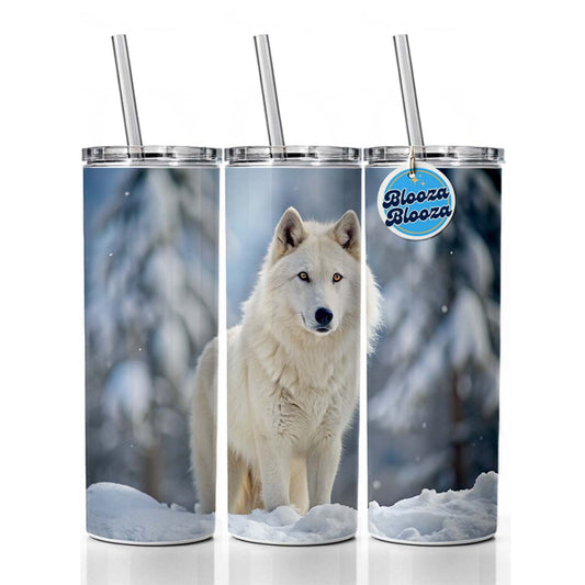 White Wolf In The Snow Skinny Tumbler 20oz with Straw Insulated Water Bottle Gift