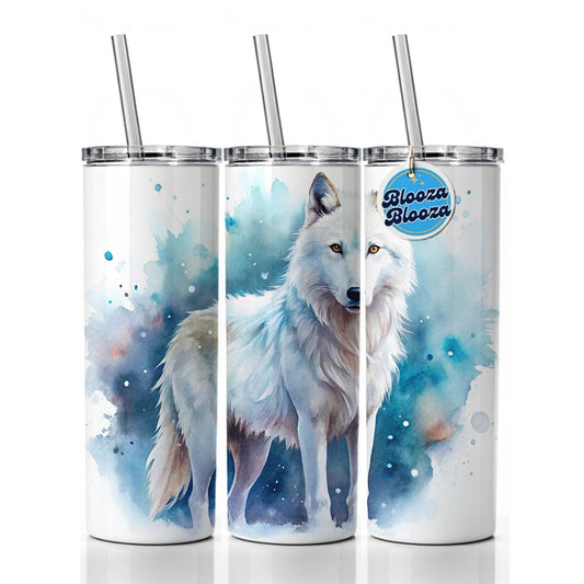 White Wolf Watercolor Skinny Tumbler 20oz with Straw Insulated Water Bottle Gift