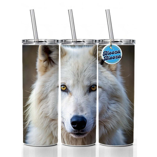White Wolf Skinny Tumbler 20oz with Straw Insulated Water Bottle Gift