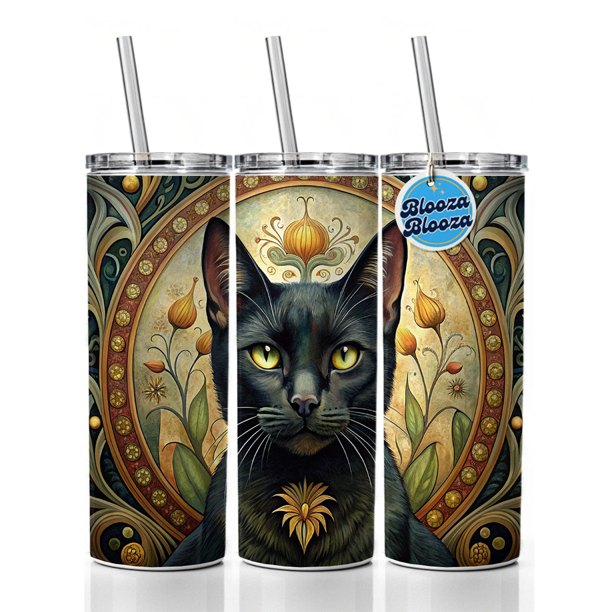 Black Cat Art Nouveau Skinny Tumbler 20oz with Straw Insulated Water Bottle Gift