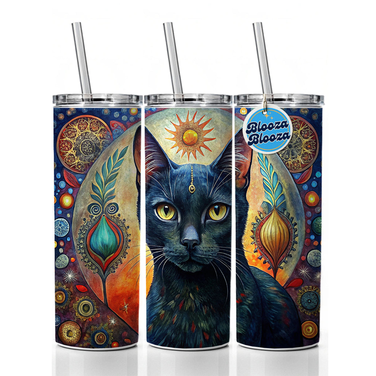 Black Cat Bohemian Art Skinny Tumbler 20oz with Straw Insulated Water Bottle Gift