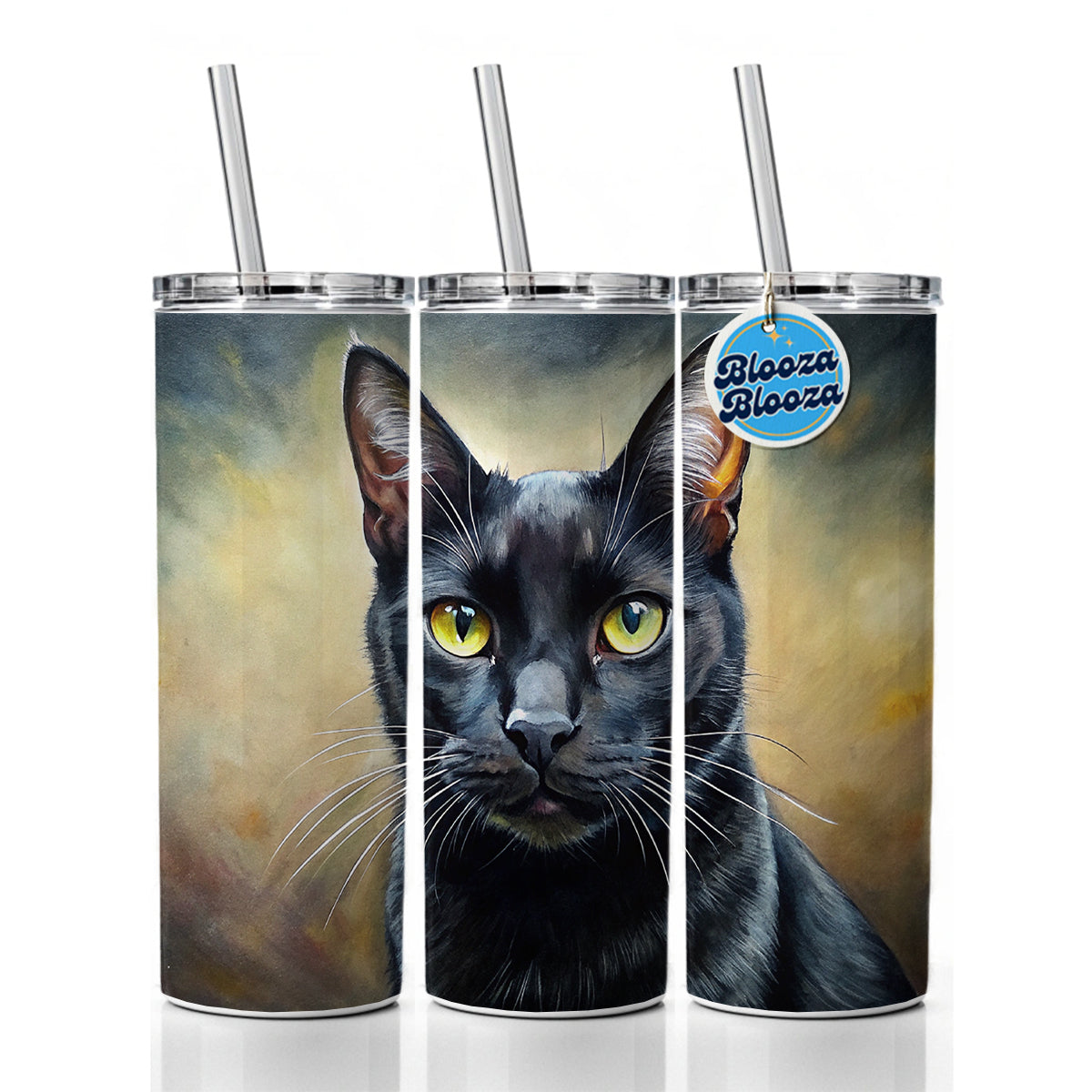 Black Cat Illustration Skinny Tumbler 20oz with Straw Insulated Water Bottle Gift