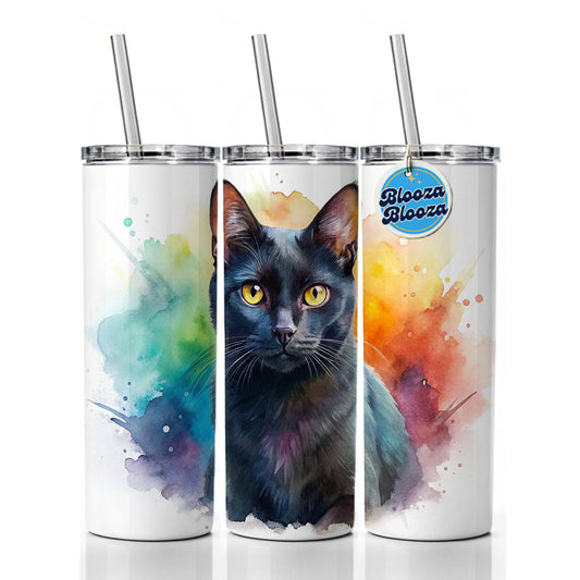 Black Cat Watercolor Style Skinny Tumbler 20oz with Straw Insulated Water Bottle Gift