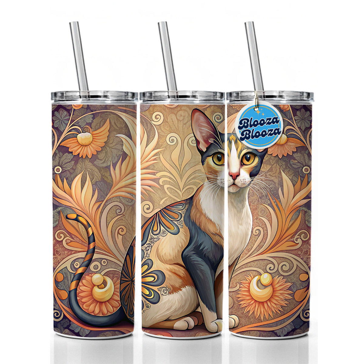 Calico Cat Art Nouveau Skinny Tumbler 20oz with Straw Insulated Water Bottle Gift