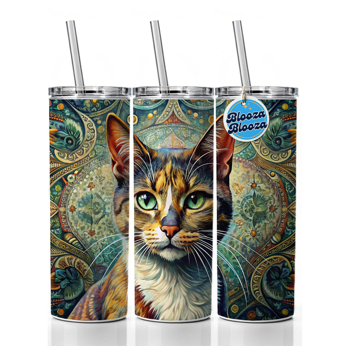 Calico Cat Bohemian Art Skinny Tumbler 20oz with Straw Insulated Water Bottle Gift