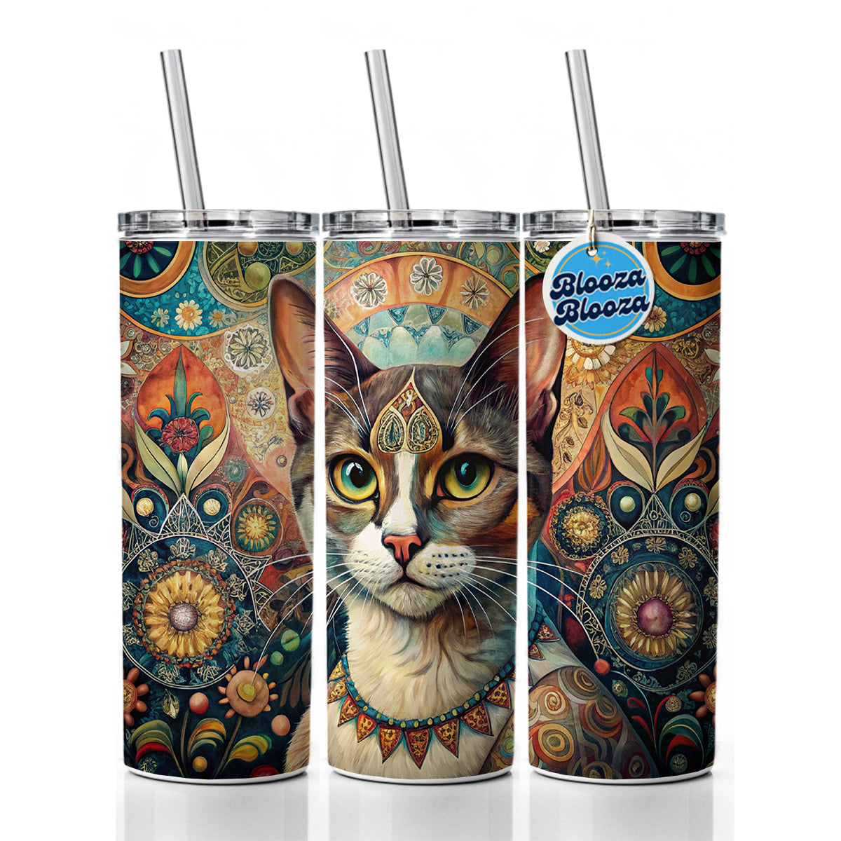 Calico Cat French Bohemian Art Skinny Tumbler 20oz with Straw Insulated Water Bottle Gift