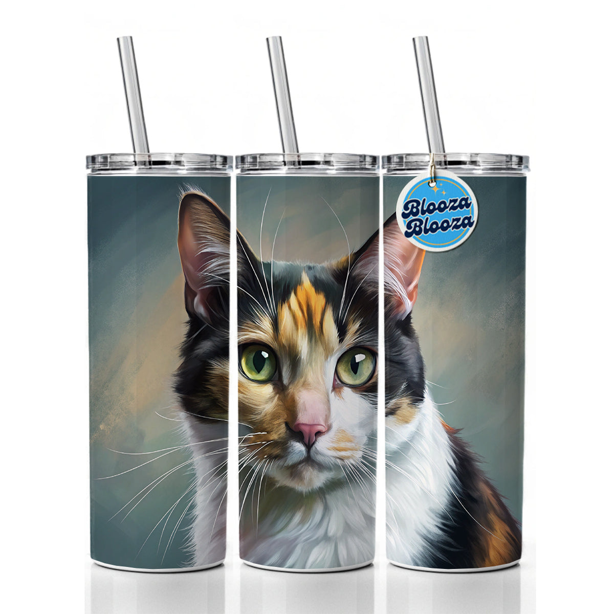 Calico Cat Illustration Skinny Tumbler 20oz with Straw Insulated Water Bottle Gift