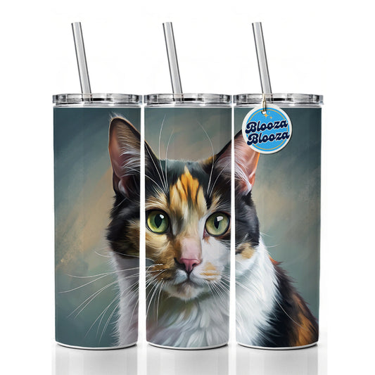 Calico Cat Illustration Skinny Tumbler 20oz with Straw Insulated Water Bottle Gift