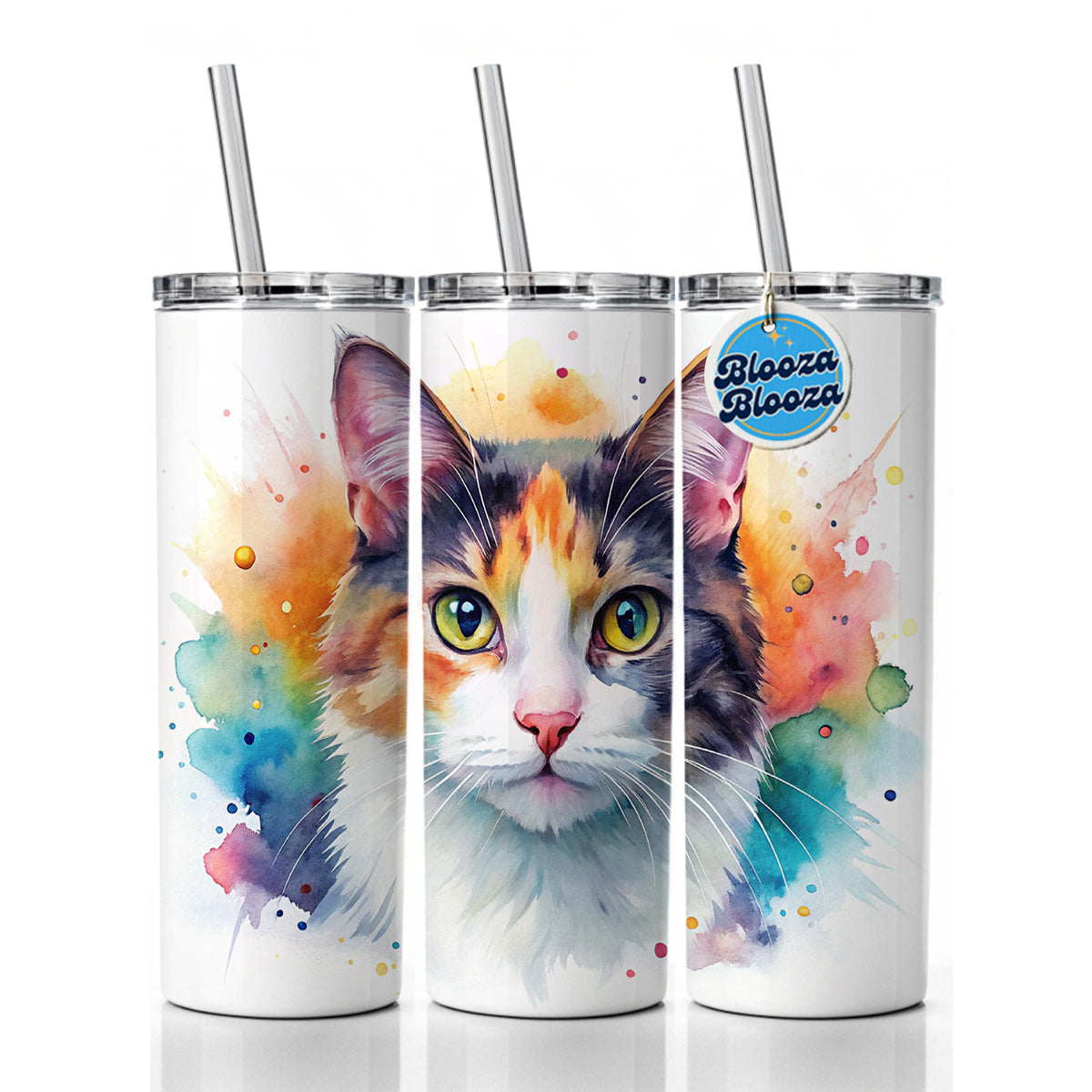 Calico Cat Watercolor Style Skinny Tumbler 20oz with Straw Insulated Water Bottle Gift