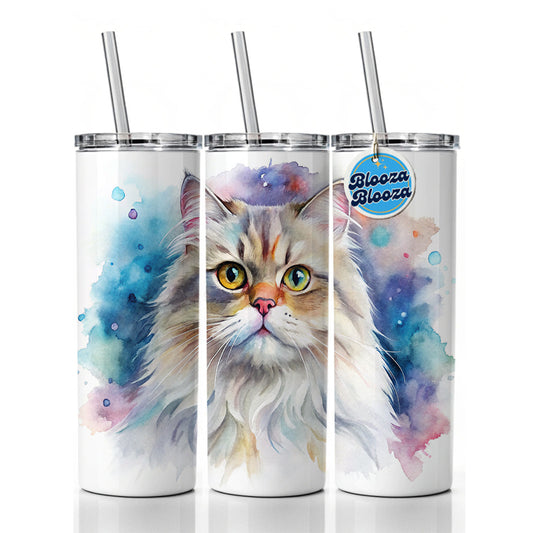 Persian Cat Watercolor Style Skinny Tumbler 20oz with Straw Insulated Water Bottle Gift
