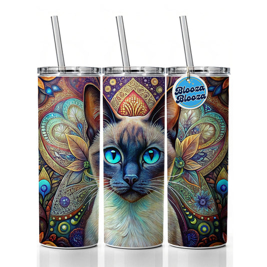 Siamese Cat Bohemian Art Skinny Tumbler 20oz with Straw Insulated Water Bottle Gift