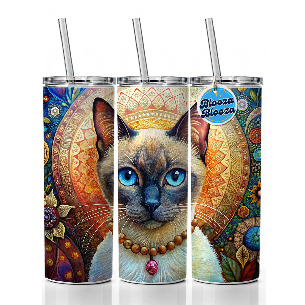Siamese Cat French Bohemian Art Skinny Tumbler 20oz with Straw Insulated Water Bottle Gift