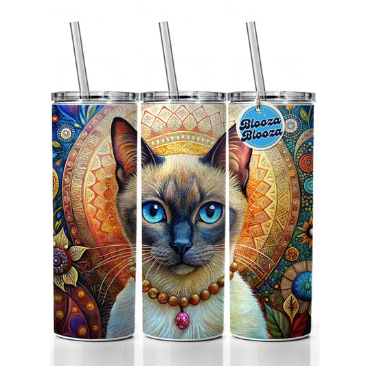 Siamese Cat French Bohemian Art Skinny Tumbler 20oz with Straw Insulated Water Bottle Gift