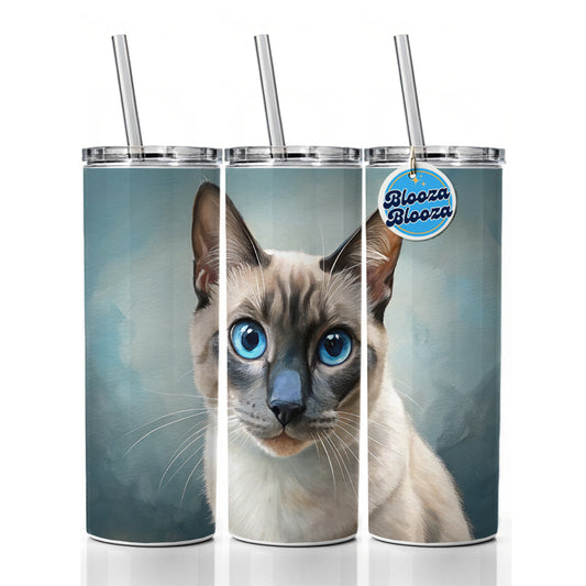 Siamese Cat Illustration Skinny Tumbler 20oz with Straw Insulated Water Bottle Gift