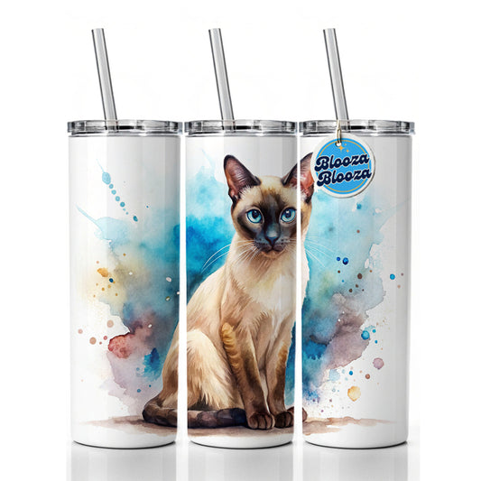 Siamese Cat Watercolor Style Skinny Tumbler 20oz with Straw Insulated Water Bottle Gift
