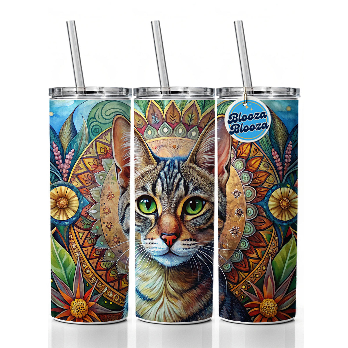 Tabby Cat Bohemian Art Skinny Tumbler 20oz with Straw Insulated Water Bottle Gift