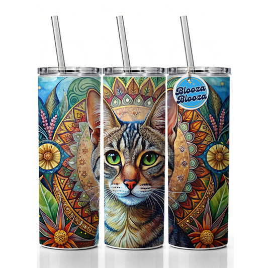 Tabby Cat Bohemian Art Skinny Tumbler 20oz with Straw Insulated Water Bottle Gift