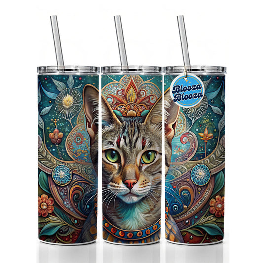 Tabby Cat French Bohemian Art Skinny Tumbler 20oz with Straw Insulated Water Bottle Gift