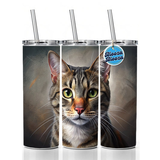 Tabby Cat Illustration Skinny Tumbler 20oz with Straw Insulated Water Bottle Gift