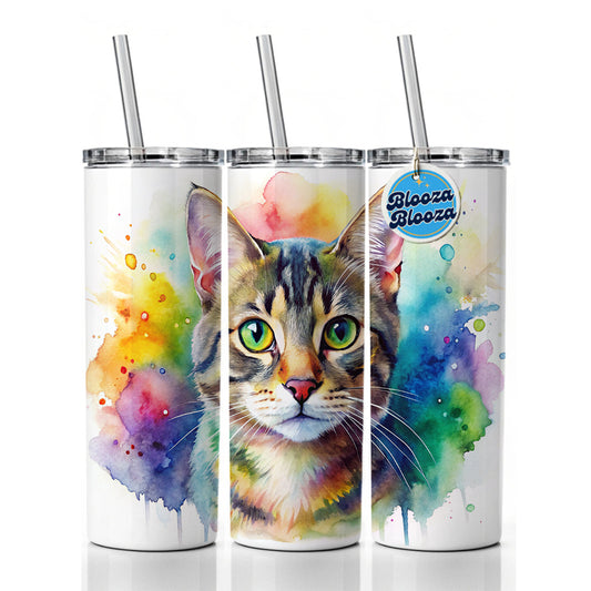Tabby Cat Watercolor Style Skinny Tumbler 20oz with Straw Insulated Water Bottle Gift