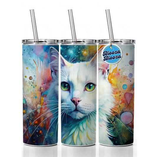 White Cat Abstract Art Skinny Tumbler 20oz with Straw Insulated Water Bottle Gift
