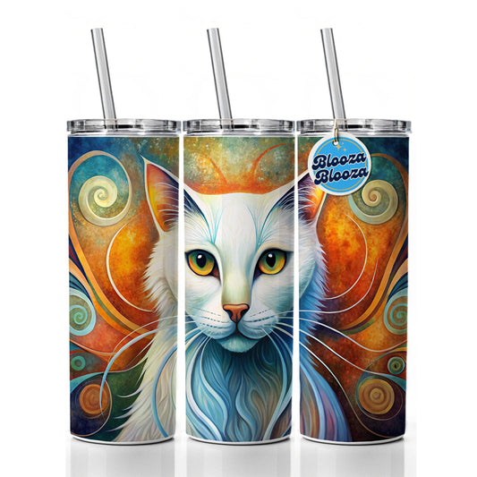 White Cat Abstract Stylized Art Skinny Tumbler 20oz with Straw Insulated Water Bottle Gift