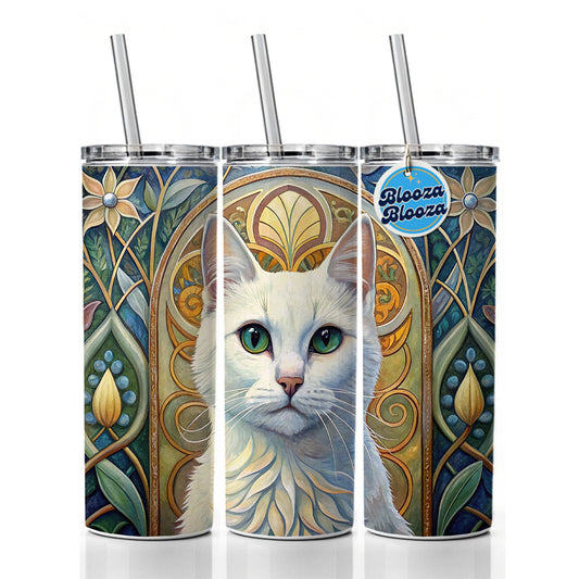 White Cat Art Nouveau Skinny Tumbler 20oz with Straw Insulated Water Bottle Gift