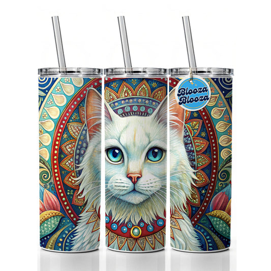 White Cat Bohemian Art Skinny Tumbler 20oz with Straw Insulated Water Bottle Gift