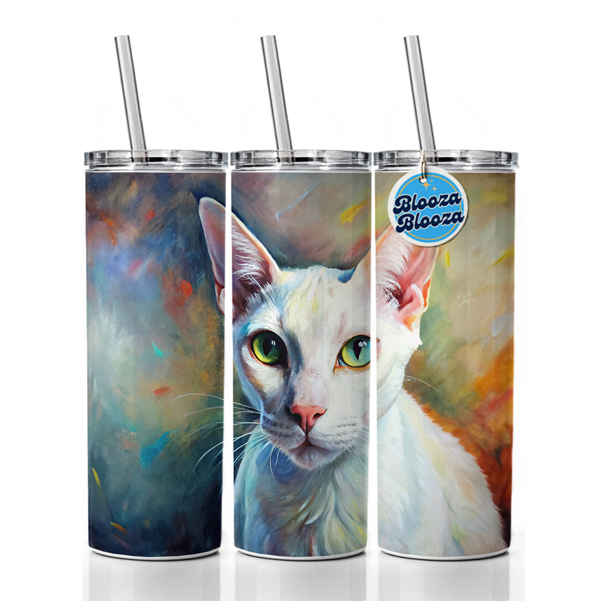 White Cat Expressionism Art Skinny Tumbler 20oz with Straw Insulated Water Bottle Gift