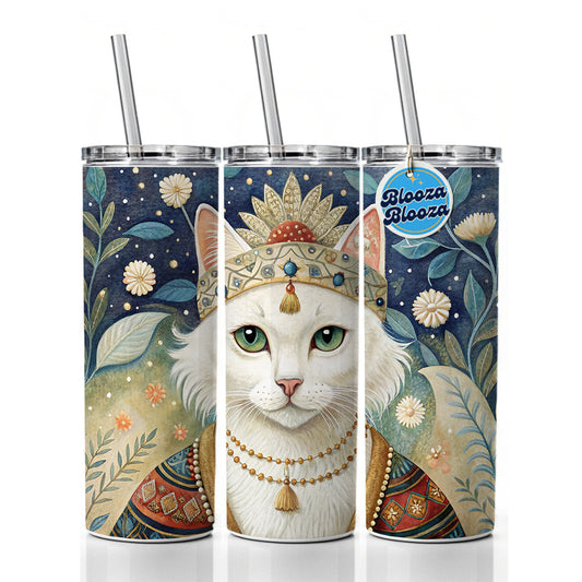 White Cat French Bohemian Art Skinny Tumbler 20oz with Straw Insulated Water Bottle Gift